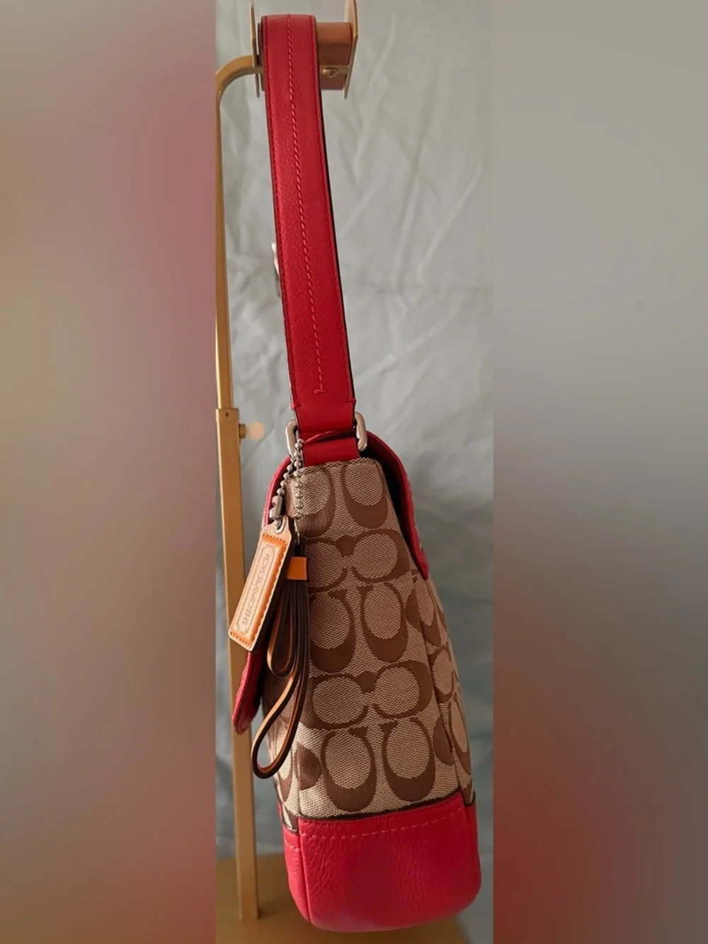Coach PARK SIGNATURE FLAP BAG F23933 Khaki/Vermilion
